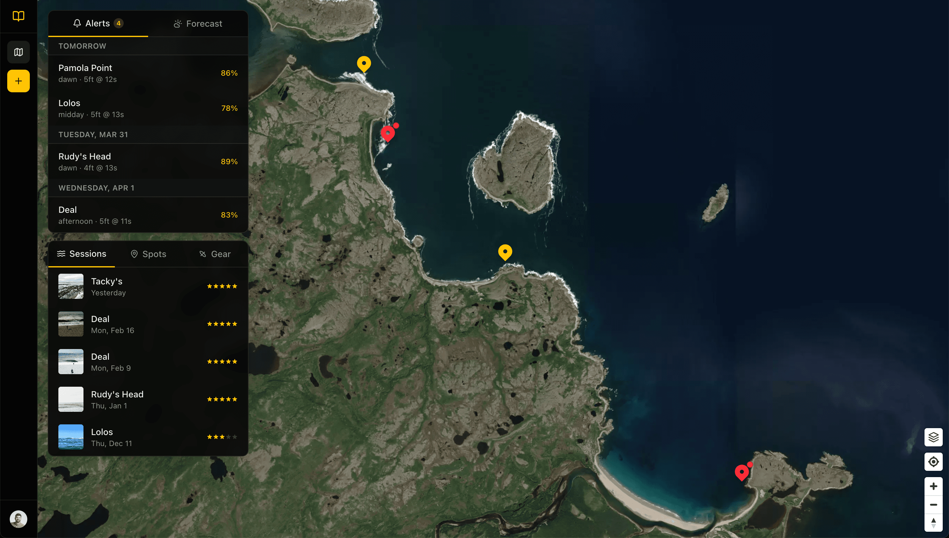 Wavebook dashboard showing surf alerts, forecast scores, and session history